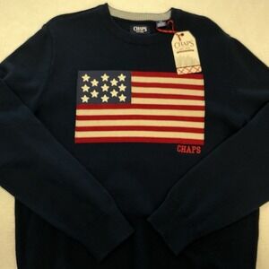 Chaps Men's Navy Knit Cotton Pullover Sweater Crew Neck USA Flag Logo Size L